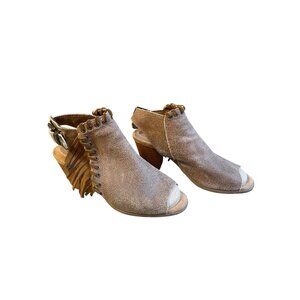 Minnetonka Taupe Suede Fringe Peep Toe Ankle Booties Block Heel SZ 8 Western